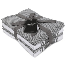AMOUR INFINI Cotton Kitchen Towels - Set of 4 Highly Absorbent, Ultra Soft Waffle Weave Tea Towel with Hanging Loop - 20x28 Inch Quick Drying Dish Cloths for Cleaning (L.Grey)