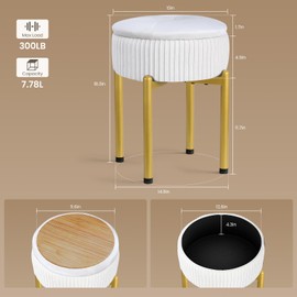 Memobarco 18-Inch Velvet Vanity Stool Chair with Storage, Vanity Bench with 4 Golden Metal Legs & Anti-Slip Adjustable Feet,Round Storage Ottoman Stool with Removable Soft Padded Seat, Beige