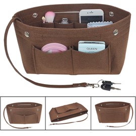 JSY-UP Felt Handbag Organiser Insert, Bag in Bag Organiser Insert, Women Tote Purse Organiser with Handles Keychain, Brown/Small