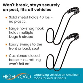 High Road Unbreakable Car Bag Hooks - Large, Solid Metal Car Seat Hooks for Purse, Backpack, Coats, Hats and Heavy Bags up to 40 lbs - Secure Attachment Fits All Metal Headrest Posts, 2-Pack