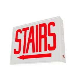 LFI Lights® Chicago Approved Exit Sign, UL 924 Listed, (Stairs Left Arrow), Red LED, White, Steel Housing, Glass Panel, 120-277VAC Wall, Ceiling or Side Mount, Hardwired with Battery Backup CHEXRWBBSTAIRLA