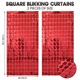 2 Pcs Red Foil Fringe Square Curtain Backdrop - Blue Streamers Party Decorations, Sequin Square Curtain Photo Backdrop Props for Birthday Party Graduation Bachelorette Wedding Decor, 3.3 x 6.6 Ft