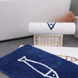 JameStyle26 Bath Mat Non-Slip Doormat, Blue White Fish Motif Bathroom Mat, Non-Slip Shower Mat, Quick-Drying Kitchen Mat, Bathroom Rug Mat (White, 45 x 120 cm)