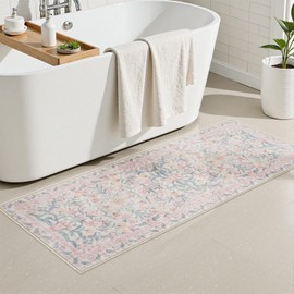 Seavish Pink Floral Bathroom Rugs 18 x 47 Inch Bath Mat for Tub Non Slip Washable Thin Boho Bathroom Runner Rug Soft and Absorbent Bath Mat Floor Decor Mats for Sink Shower Bathtub