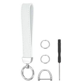 sourcing map Leather Wristlet Keychain Car Key Chain Wristlet for Women, 7 Inch Key Fob Holder with D Ring and 2 Key Ring for Keys Wallets Purse, Silver Tone/White