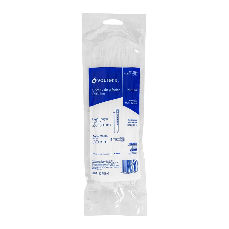 Volteck CIN-4020, Cinchos plásticos 20 cmcolor natural, tensión 40 lb