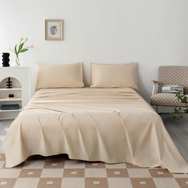 Levoo 100% Egyptian Cotton Sheets King Size Set 18"-24" Extra Deep Pocket King Sheets Set Soft Breathable Cooling 4Pcs Bed Sheets with 1 Flat Sheet, 1 Fitted Sheet, 2 Pillowcases (King, Beige)