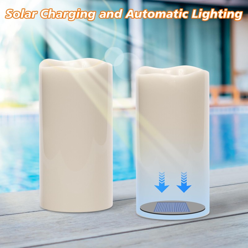 GenSwin Solar Outdoor Waterproof Flameless Candles, 8”x4” Solar Rechargeable Pillar