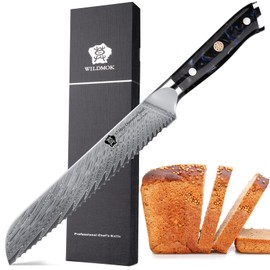 WILDMOK Damascus Serrated Steel Bread Knife, 8 inches Serrated Bread Knife, Ergonomic Full Tang Resin Handle, Razor Sharp Beautiful Damascus steel feather pattern with Luxury Gift Box