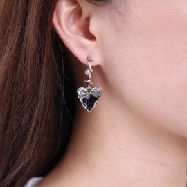 TseenYi Black Onyx Heart Earrings Black Heart Dangle Hoop Earrings Silver Heart Circle Hoop Huggie Earring Boho Heart Love Drop Earrings Jewellery for Women and Girls Gifts, Alloy Steel