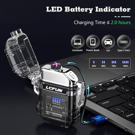 LcFun USB Rechargeable Electric Lighter, Windproof Plasma Dual Arc Lighters, Waterproof Flameless Lighter with Battery Display & Flashlight for Hiking, Camping Gear, Survival Kits