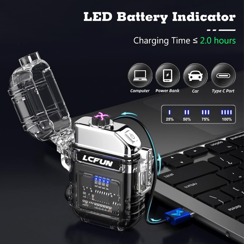 LcFun USB Rechargeable Electric Lighter, Windproof Plasma Dual Arc Lighters,