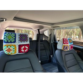 Hosootan Crochet Granny Square Car Headrest Cover,Crochet Soft Decorative Universal Fit,2-Pack,for Sedans SUVs Trucks (Granny Square)