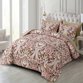 Drucon Boho Comforter Set Queen Size, 7 Pieces Bed in a Bag Khaki Paisley Comforter, Soft Lightweight Microfiber Bedding Set (1 Comforter, 1 Flat Sheet, 1 Fitted Sheet, 2 Pillow Shams, 2 Pillowcases)