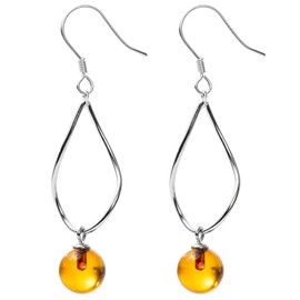 Genuine Baltic Round Amber Drop Dangle Earrings for Women in Sterling Silver, Rich Cognac Color