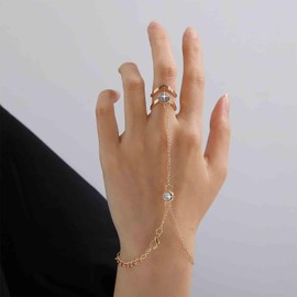 Xmsrn Vintage Crystal Finger Ring Bracelet Chain Boho Rhinestone Wrist Chain Bracelet Gold CZ Slave Bracelet Hand Chain Punk Hand Harness Chain Bridal Hand Jewellery for Women and Girls, Zinc, No