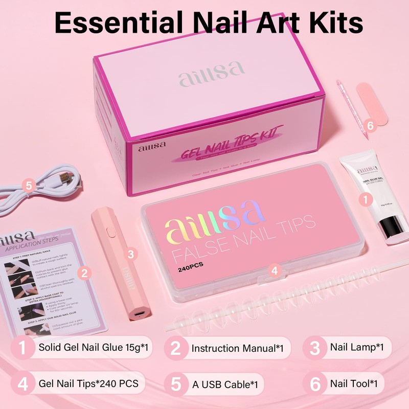 Gel Nail Kit, 240Pcs Short Almond Nail Tips, 15g Glue