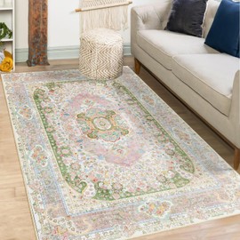 Castage Pink Rug 3x5,Washable Area Rugs for Bedroom Living Room Kitchen Entryway,Small Boho Vintage Bohemian Distressed Non Slip Carpet,Blush Green