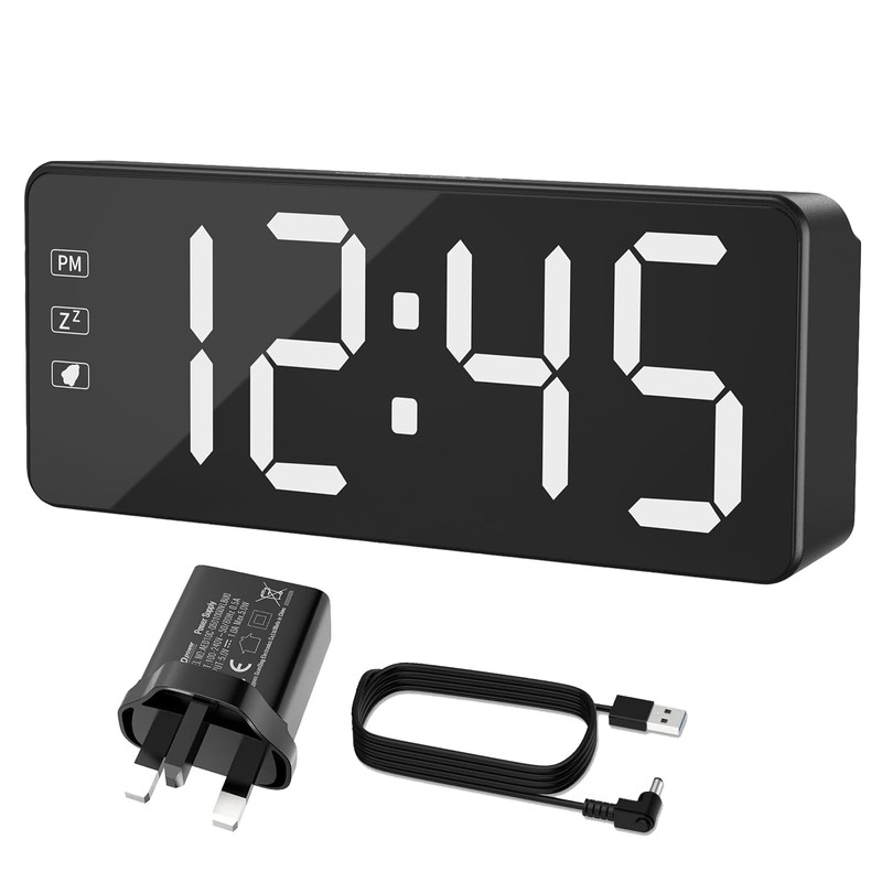 KWANWA Digital Alarm Clock with Large LED Display, Brightness Adjustable,