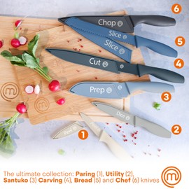 MasterChef Kitchen Knife Set with Covers, 6 Professional Chef Knives for Home Kitchens, Extra Sharp Cutting Stainless Steel Blades & Protective Sheaths, Soft-Touch Easy-Grip Handles, Nordic Blues