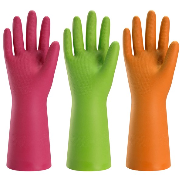 Bamllum 3 Pairs Rubber Cleaning Gloves for Household - Reusable Dishwashing Gloves for Kitchen, Flexible Durable & Waterproof (Medium, Green+Red+Orange)
