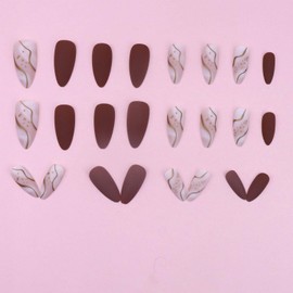 Brown Press on Nails Medium Almond Fake Nails with Gold Line Designs Acrylic Nails Matte False Nails Full Cover Glue on Nails for Women Girls Manicure Decor 24Pcs