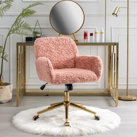 Pink Faux Fur Home Office Chair, Upholstered Elegant Desk Chair for Girls, Swivel With Gold Base, Height Adjustable Tiltable Computer Chair, Cute Makeup Vanity Chair for Kids