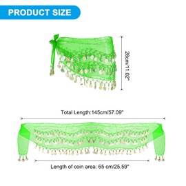 MECCANIXITY Belly Dance Hip Scarf 57" x 11", 1 Pack Women's Belly Dance Costume Skirt Wrap with 72 Gold Coins for Dance or Yoga Class, Light Green