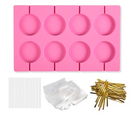 Fusang 8 Capacity Silicone Lollipop Molds,Hard Candy Chocolate Sucker Mold with 20pcs 3.15 inch Lollypop Sucker Sticks,100pcs Candy Treat Bags,100pcs Gold Ties