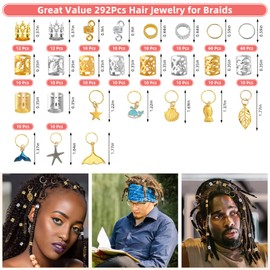 Pack of 292 Jewellery Hair Spiral Clips, Golden Hair Accessories for Braids, Dreadlock Hair Accessory Set, Accessories for Hair Braids, for Decorating Women's and Men's Hair