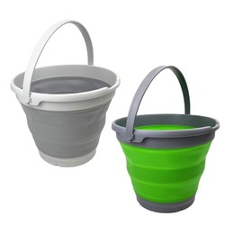 SAMMART 10L Set of 2 Collapsible Plastic Bucket - Foldable Round Tub - Portable Fishing Water Pail - Space Saving Outdoor Waterpot. Size 31cm Dia (Grey + Bamboo Green)
