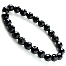 Men's Women's Onyx Bracelet, Black Agate, Natural Stone, Power Stone, 64 Sides Cut, 0.3 inches (8 mm), Glass Stone
