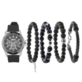 American Exchange Men's Black Silicone Analog Watch 47mm with Bracelets Set