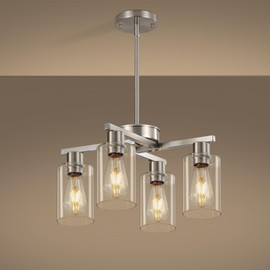 Xeruyiwa 4-Light Brushed Nickel Dining Room Light Fixture, Modern Industrial Kitchen Chandelier Over Table, Adjustable Height Hanging Pendant Light for Kitchen Island, Entryway with Clear Glass Shade