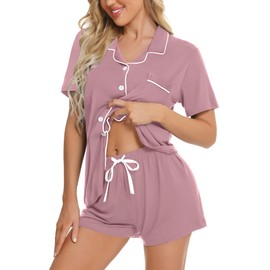 SWOMOG Pajama Sets for Women 2 Piece Pjs Button Down Pjs Set Elastic Waist Top and Bottom Short Sleeve Maternity Sleepwear