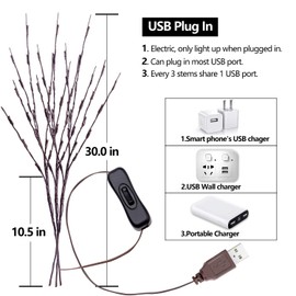 3 Pack Twig Lights, USB Plug in Branches Lights with 60 LED Bulbs, Romantic Decorative Iights for Vase, Lighted Tree Branches for Indoor, Plug in Lighted Branches for Party (Warm Yellow)