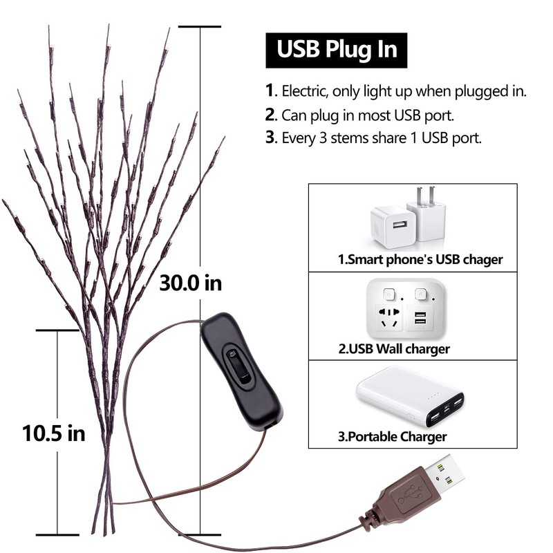3 Pack Twig Lights, USB Plug in Branches Lights with