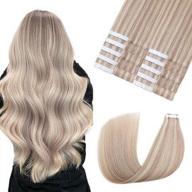 Sindra Invisible Tape in Hair Extensions Human Hair 20 Inch 50G Tape in Extensions Add Volume Highlighted Color 18/613 Ash Blonde Highlights Bleach Blonde T#18P613 20in