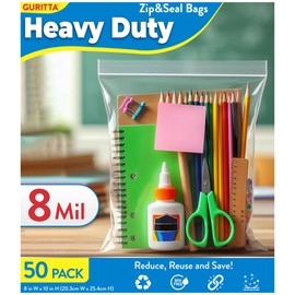 Heavy Duty Plastic Bag, 8 Mil Thick Zip Top Bag, Reusable Poly Storage Bag, LDPE Save Storage Bags, Zip Top Bags for Food, Headphones, Medical, Kitchen Utensils, Office items 8x10 inches - Pack 50