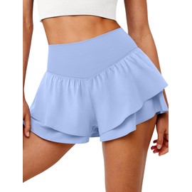 IWD Running Shorts for Women Flowy Double Ruffle Athletic Shorts High Waisted Butterfly Tennis Skort Shorts with Pockets (Light Blue, X-Small)