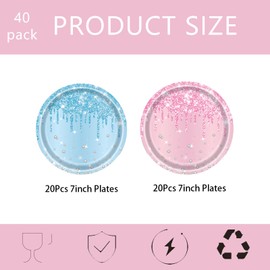 40P Pink and Blue Paper Plates for Her,Girls,Women,Kids Tableware Plates,Sparkling Baby Blue Party Plates Pink Disposable Paper Plates for Birthday Wedding Baby Shower Tableware Dinner Party Plate