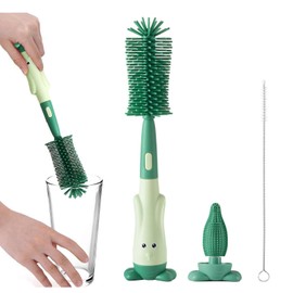 Cepillo para Biberones, Juego de cepillos de Limpieza de Botellas de Silicona 3 en 1, Kit de Cepillos para Biberón, Limpiador de Biberones y Cepillo para Pezones y Cepillo de Pajita, con Base(verde)