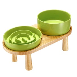 MOPANG Ceramic Slow Feeder Dog Bowl and Water Bowl Set for Medium and Large Breed, Ceramic Dog Bowls Elevated with Wooden Stand, 2.0 Cups Dog Slow Feeder(30oz) and 70oz Water Bowl Set, Green