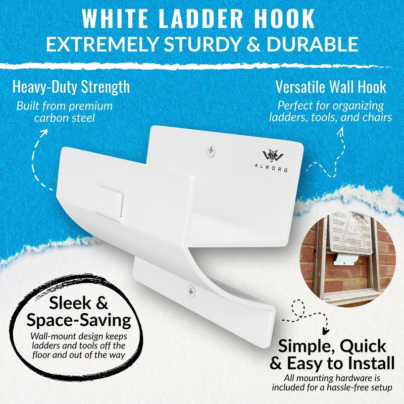 White Ladder Hooks for Garage Wall - Step Ladder Holder