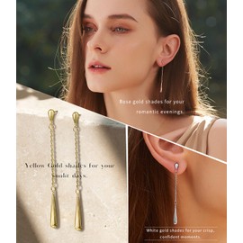 RANEECOCO 925 Sterling Silver Posts | 14K Yellow Gold Plated Teardrop Dangle Earrings for Women | Hypoallergenic Long Chain Dainty Drop Earrings | Trendy Jewelry Gift in Box