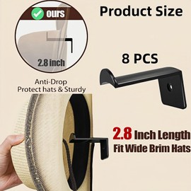 YVYAVGE 8 Pack Hat Hooks for Wall,Heavy-Duty Adhesive Cowboy Hat Rack Organizer - Rustproof Cap Holder for Baseball Caps,Cowboy Hat Hanger,Western Hat Holder,Western Room Decor (Black)