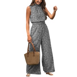 CUPSHE Floral Jumpsuits for Women Dressy with Pocket Mock Neck Wide Leg Business Casual Summer Maxi Long Romper Holiday Wedding Guest Jumpsuit Black XL