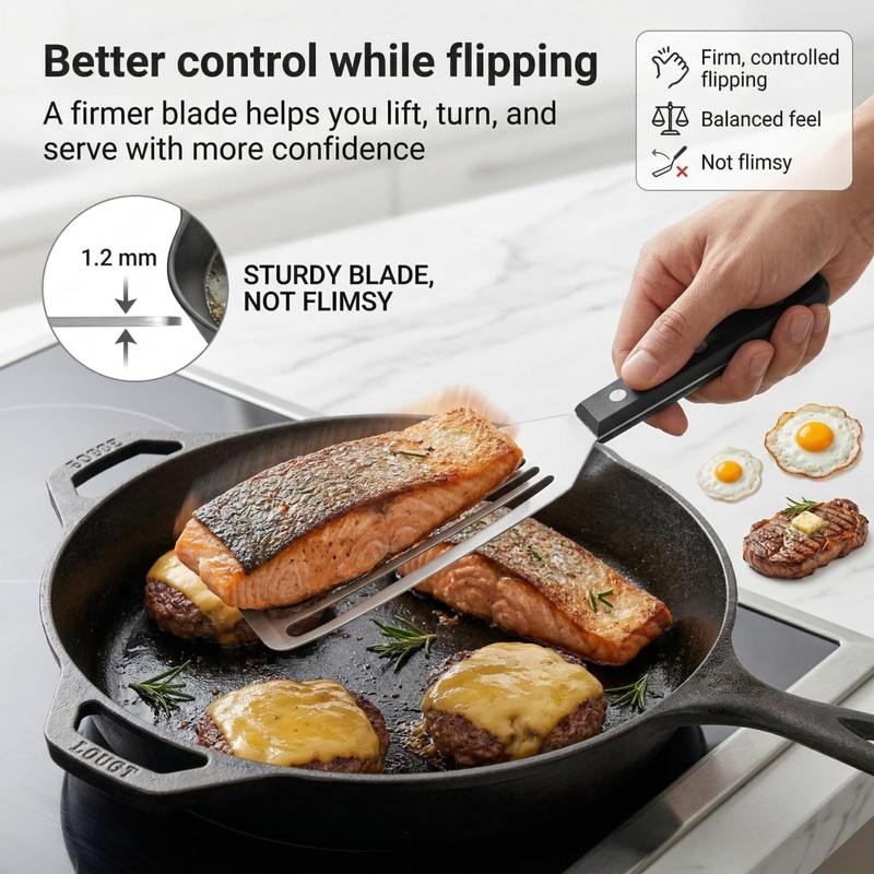Fish Spatula, 12" Stainless Steel Slotted Turner for Cast Iron