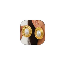 Vintage Pearl Earring for Women Chunky Gold Geometric Oval Pearl Stud Earrings Exaggerated Textured Round Statement Earrings Trendy Jewelry Presents