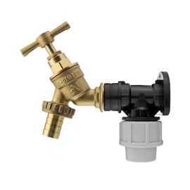 MDPE Compression Wall Flange Plate + Hozelock Compatible Quick Connect Tap 20mm (Brass Bib Tap - Barbed)